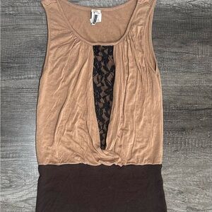 Two-Tone Lace Inset Tank Top / mini dress - Brown & Tan vintage made in USA